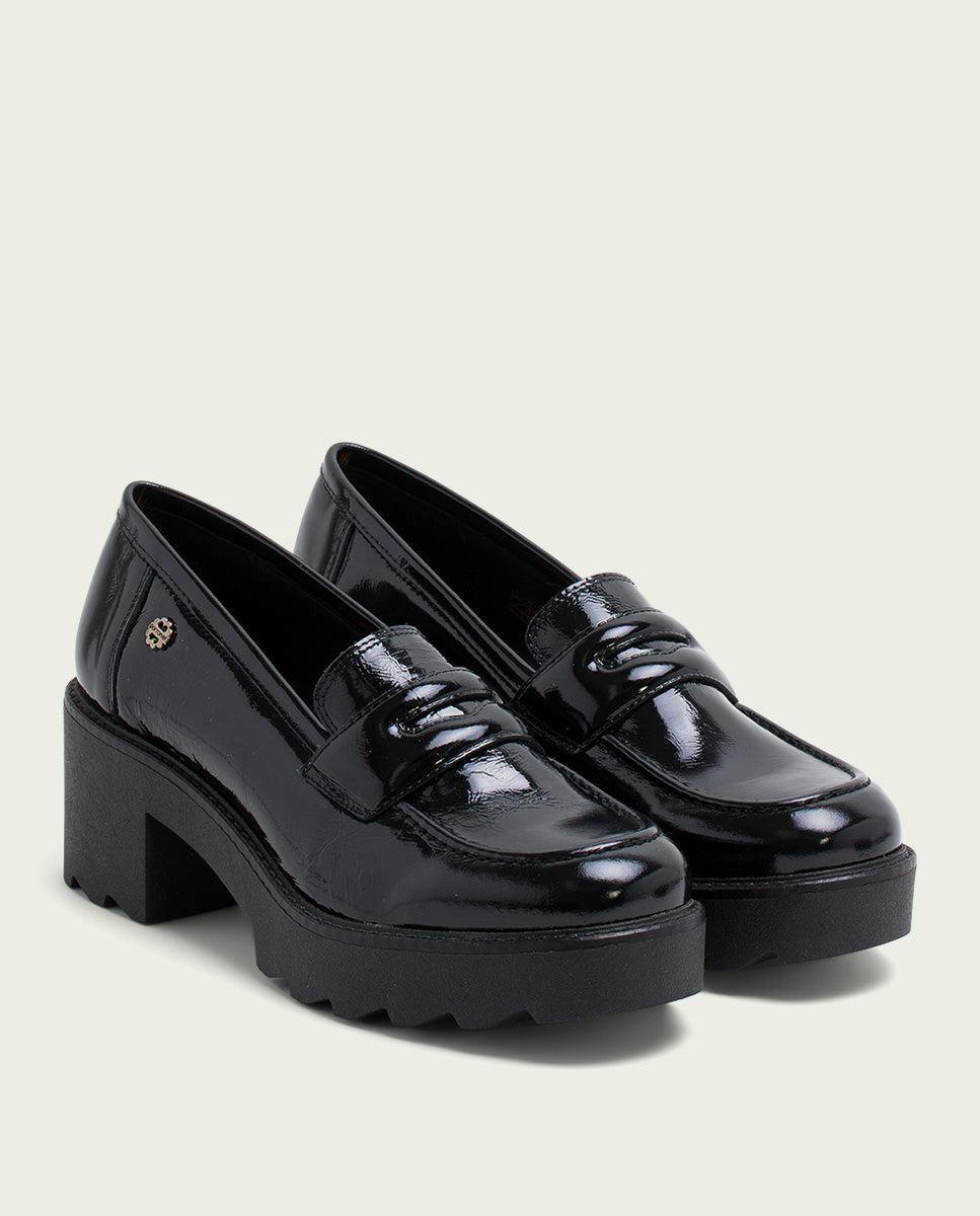 porronet MOCASINES DE PIEL CHAROL CON TACÓN NEGRO MADDY Venta caliente