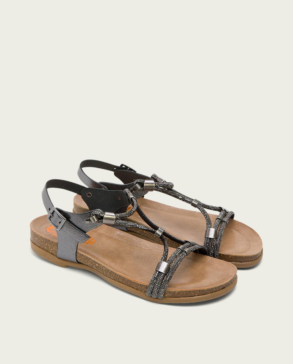 porronet SANDALIA BIO CON PALA DE BRILLANTES PIEL PLOMO DEMI