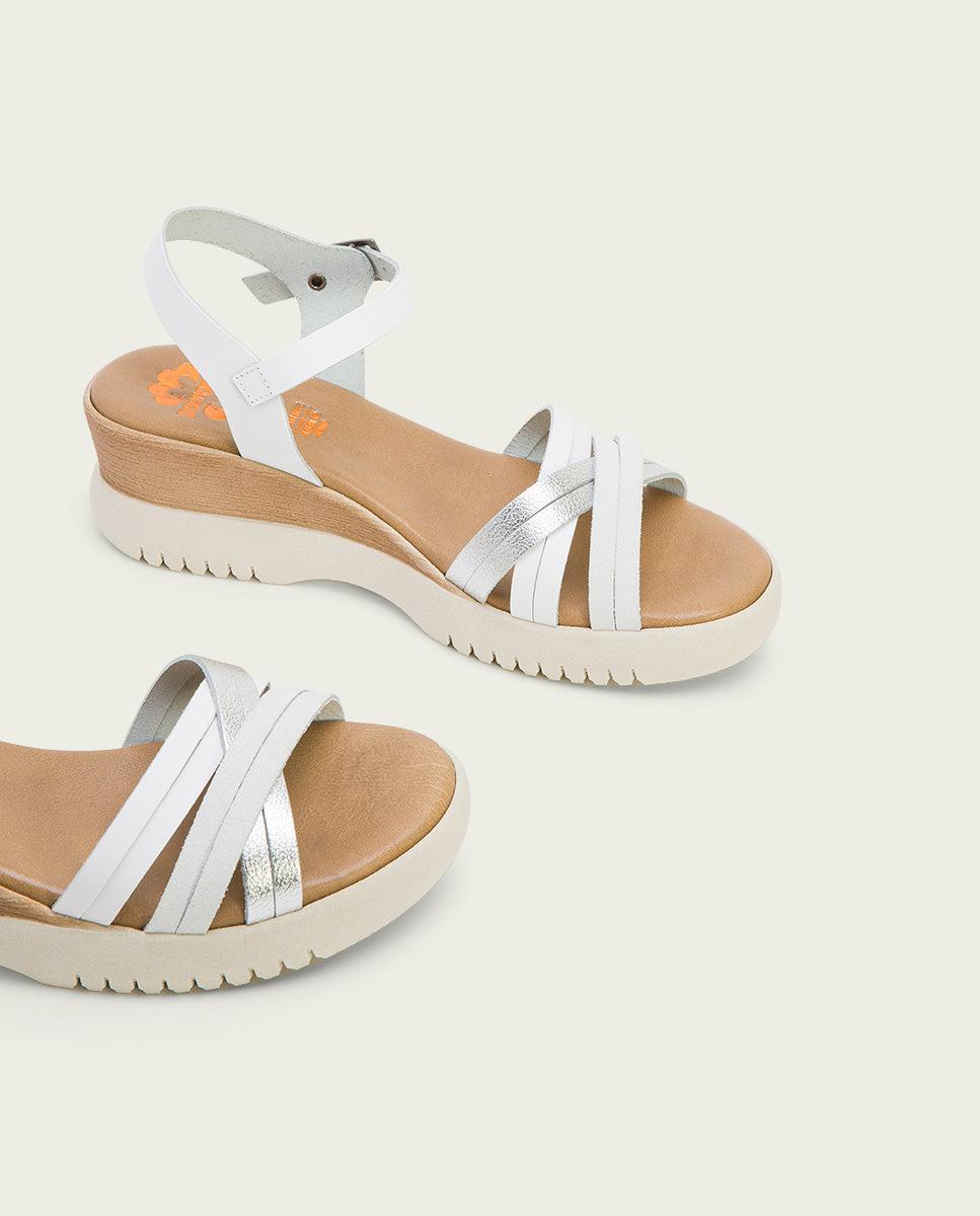 porronet SANDALIA CUÑA PIEL BLANCO PLATA ELA Rebajas baratas