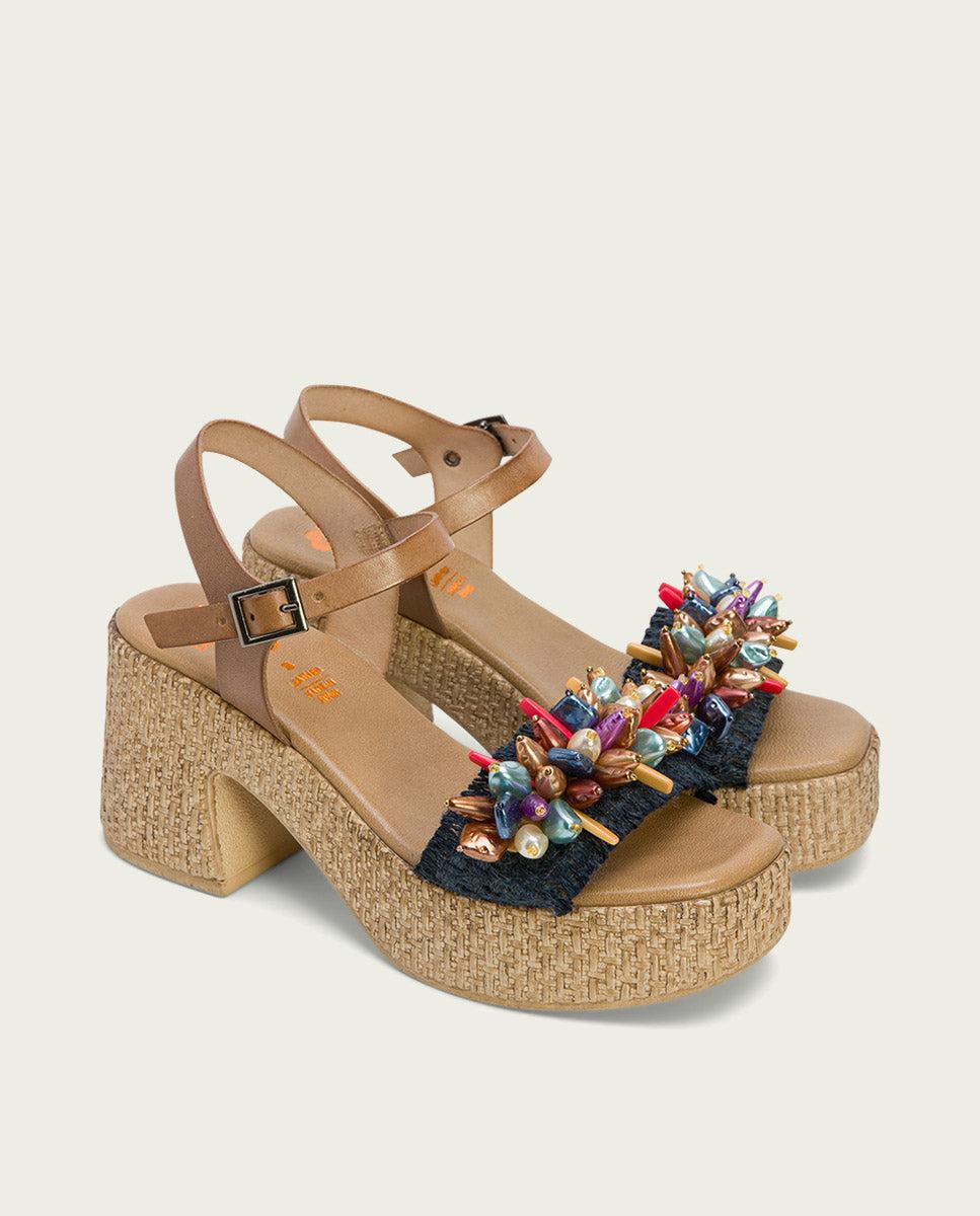 porronet SANDALIA TACON PIEL Y TEXTIL NATURAL AZUL JILLIAN Descuento por venta flash