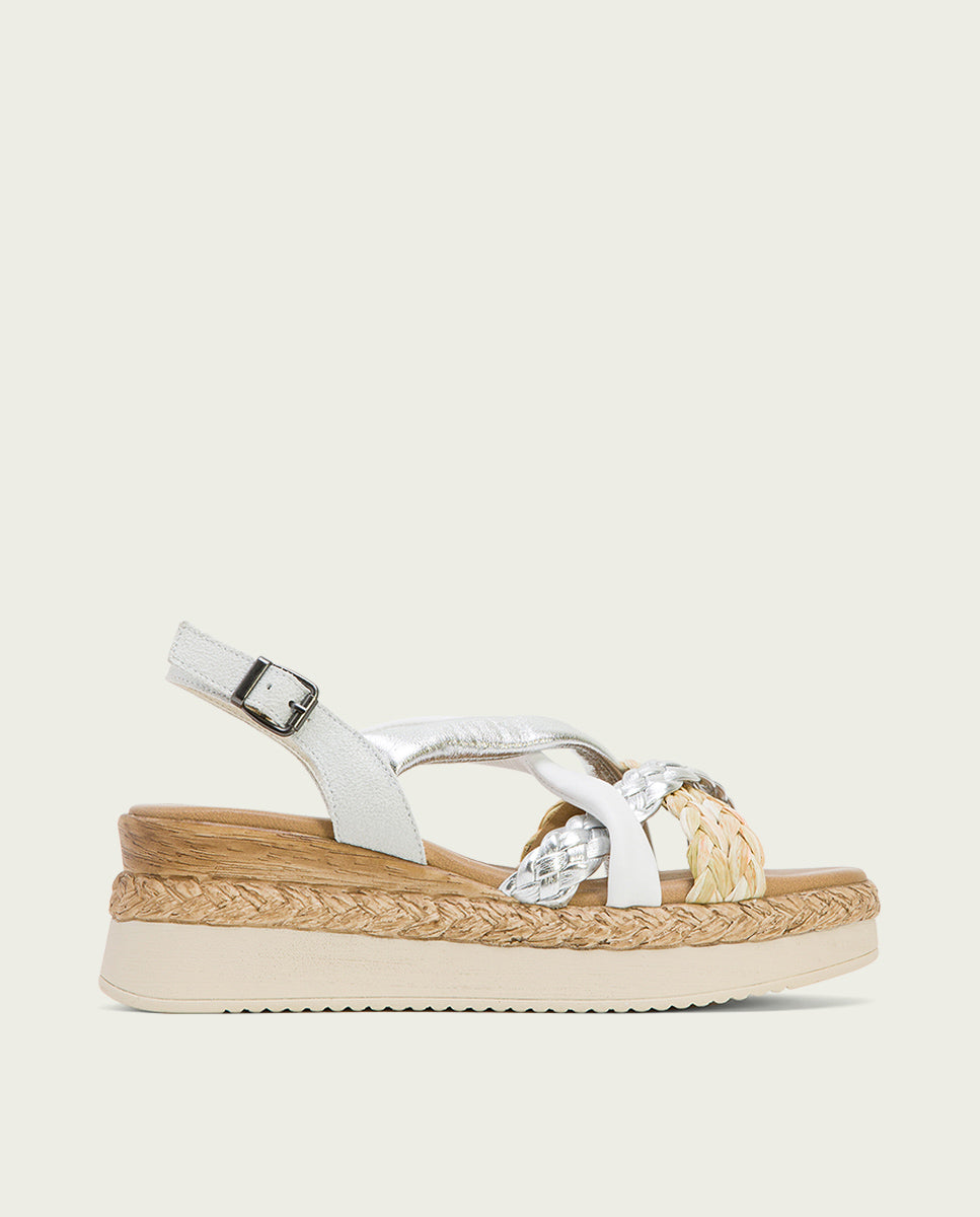 porronet SANDALIA PIEL CUÑA BLANCO PLATA FLAVIA Outlet online