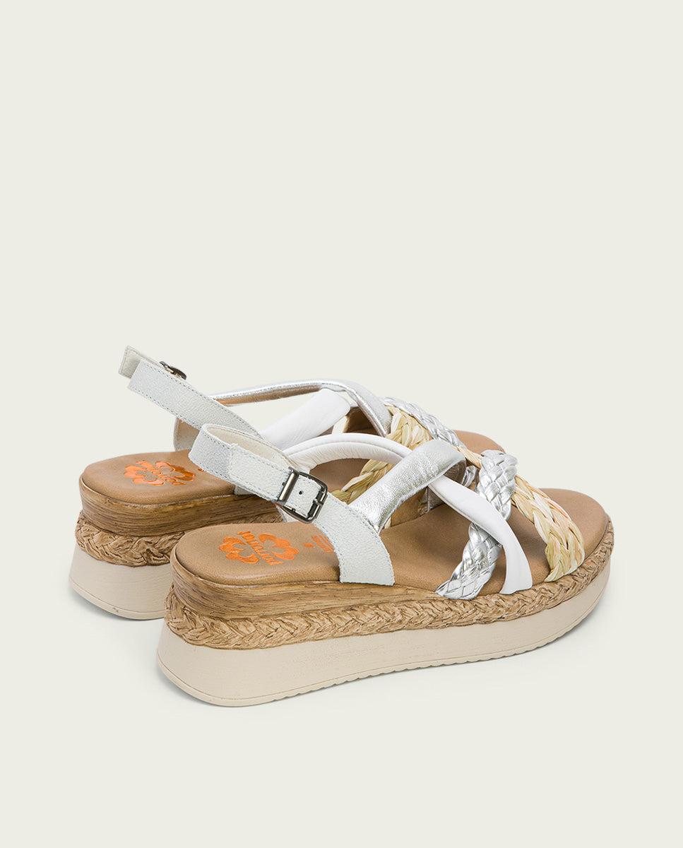 porronet SANDALIA PIEL CUÑA BLANCO PLATA FLAVIA Outlet online