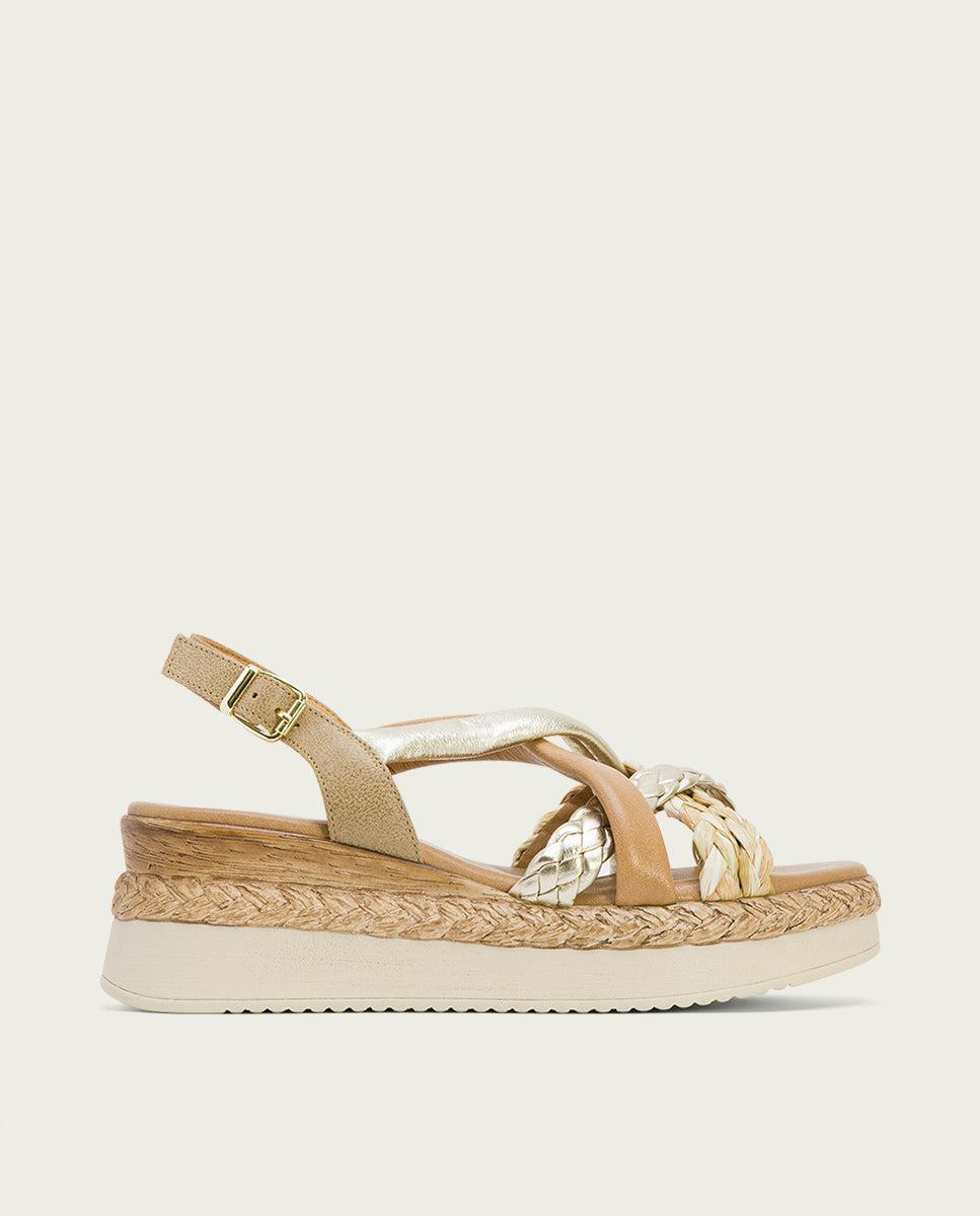 porronet SANDALIA PIEL CUÑA ARENA PLATINO FLAVIA Tienda