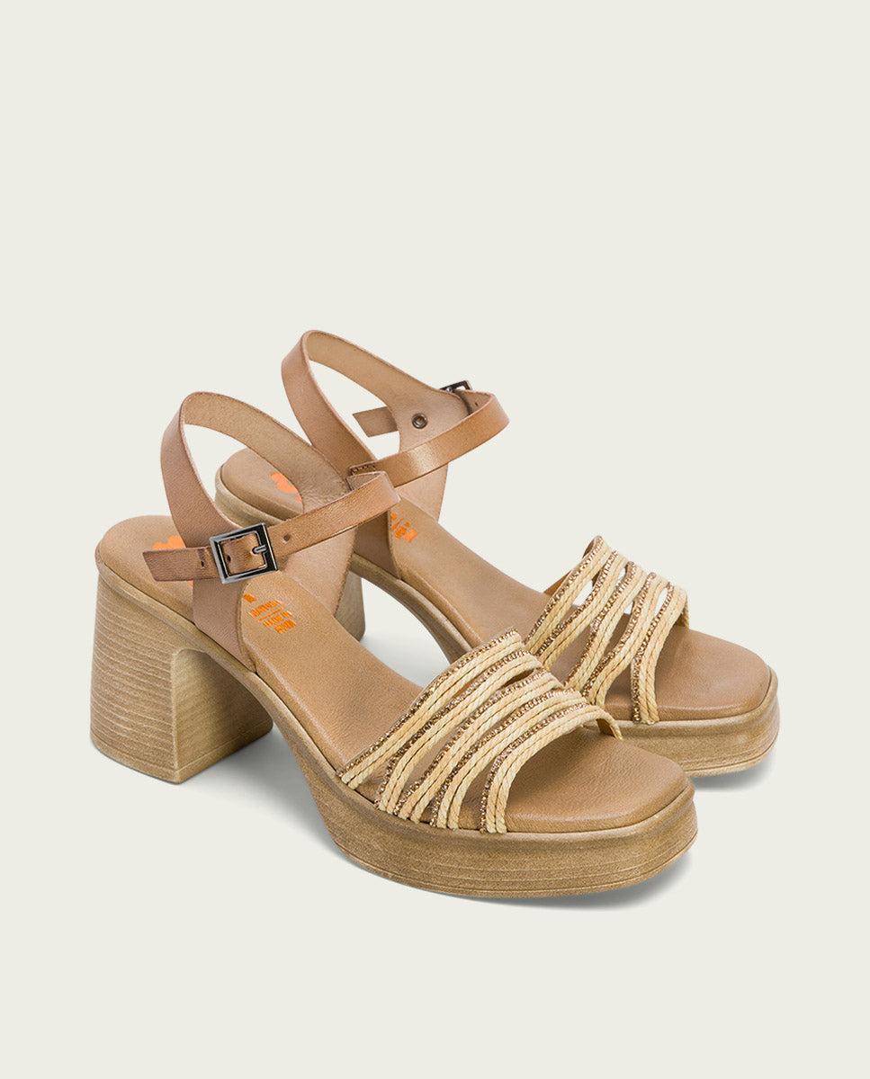 porronet SANDALIA TACON PIEL Y TEXTIL TAUPE NATURAL ILKA Descuento por venta flash