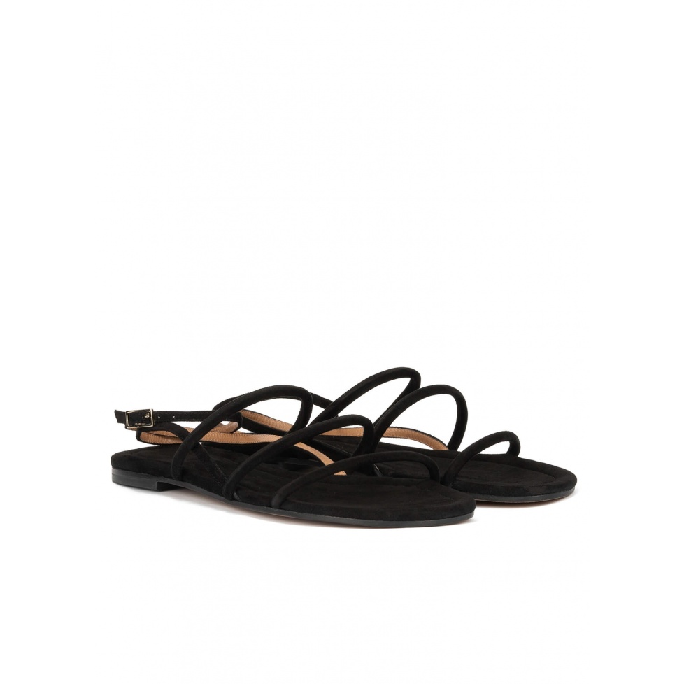 pura lópez Sandalias planas de tiras en ante negro con pulsera Precios de Black Friday