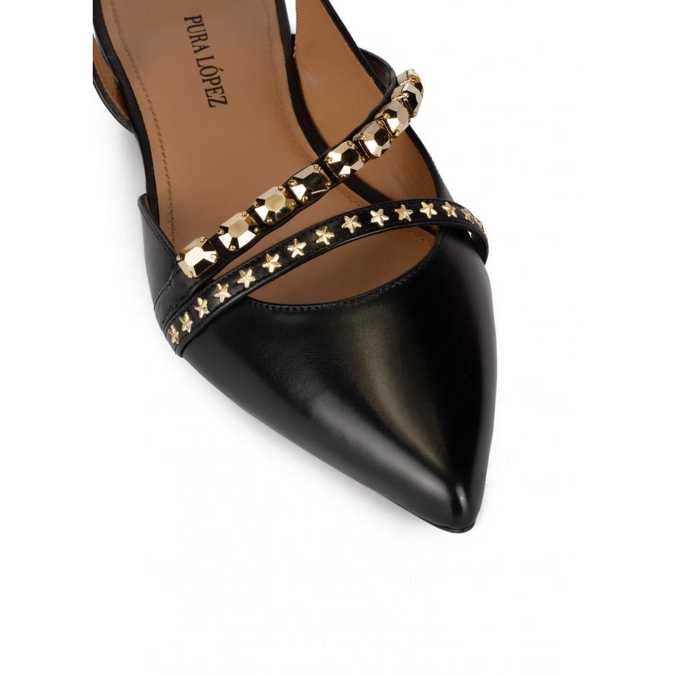 pura lópez Zapatos planos de punta fina en piel color negro Oferta especial de fábrica