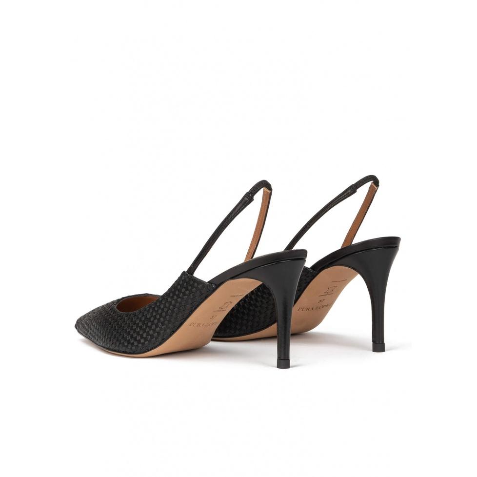 pura lópez Zapatos negros de tacón medio en rafia y piel Tienda