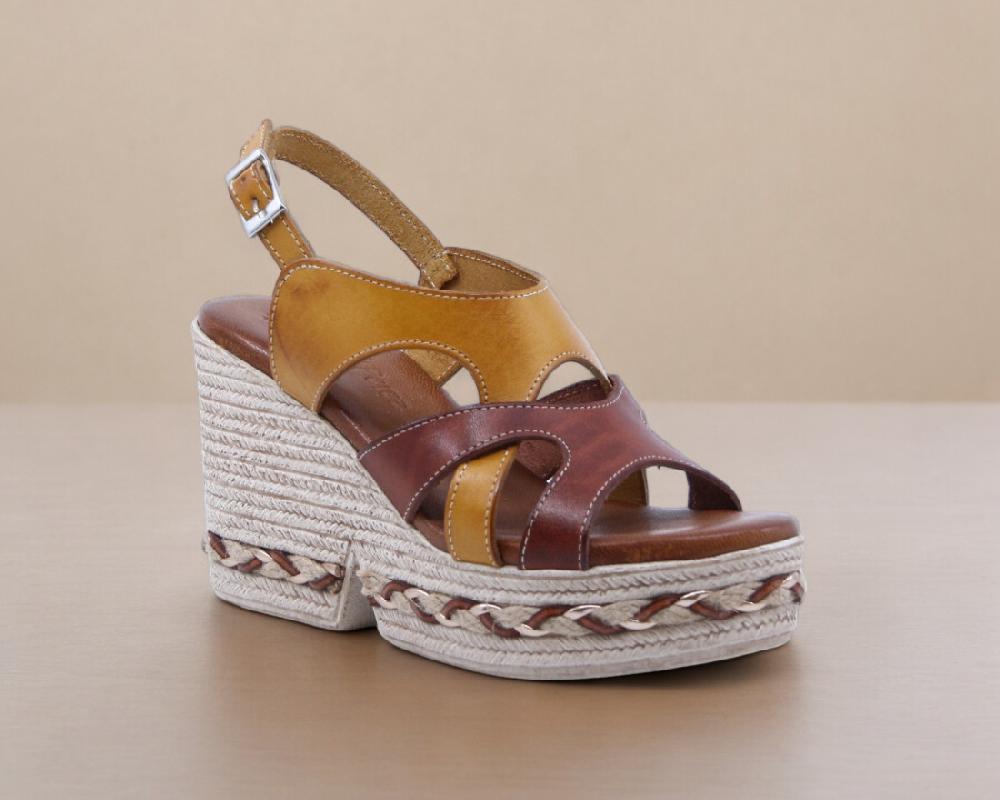 raquel perez Sandalia Cuña Minino 02 Cuero Mostaza Mujer Ofertas de temporada
