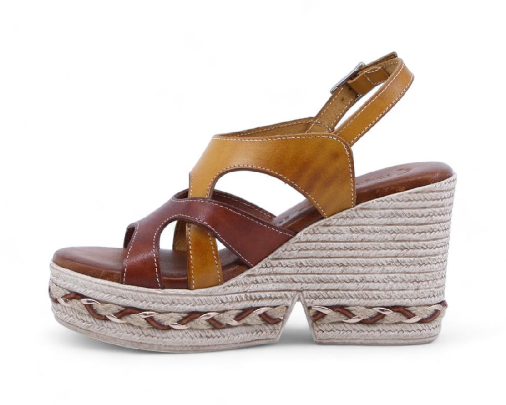 raquel perez Sandalia Cuña Minino 02 Cuero Mostaza Mujer Ofertas de temporada