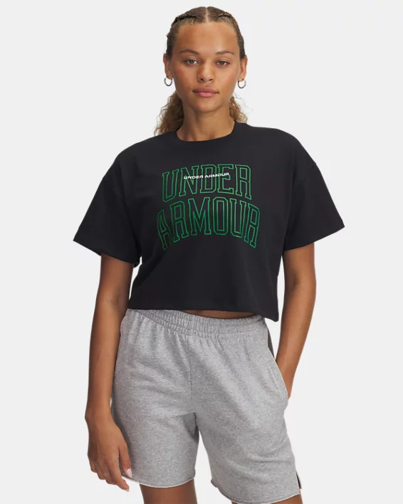 Under Armour Camiseta de manga corta UA Varsity Mix Heavyweight Crop para mujer