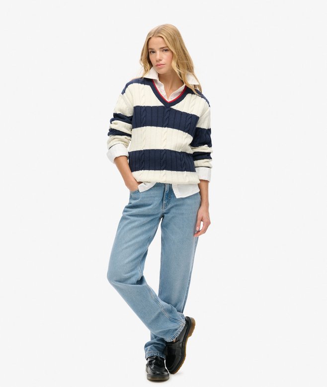 superdry Jersey a rayas extragrande de punto trenzado con cuello de pico En oferta