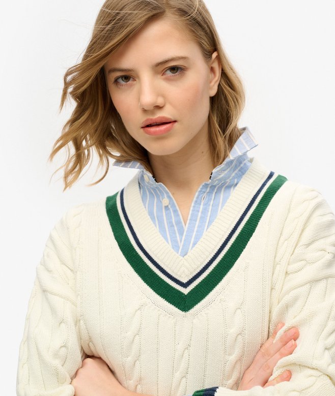 superdry Jersey extragrande de punto de cricket con cuello de pico Ofertas de temporada