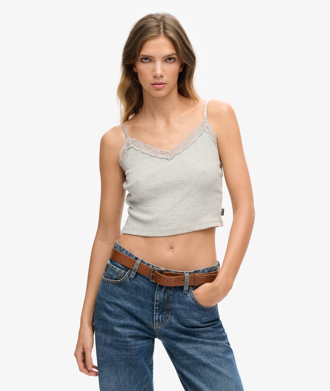 superdry Camiseta de tirantes de canalé con ribete de encaje Rebajas de fábrica