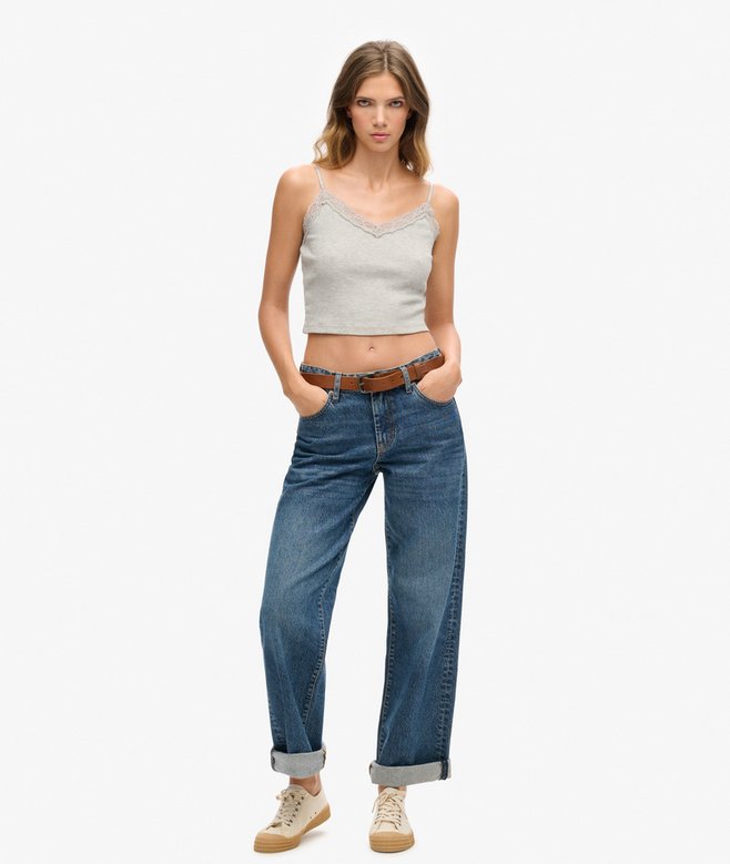 superdry Camiseta de tirantes de canalé con ribete de encaje Rebajas de fábrica